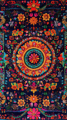 Fototapeta premium Densely embroidered floral mandala design on a dark fabric backdrop, glowing with neon accents for phone wallpaper.