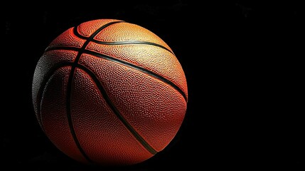 Vibrant Orange-Brown Basketball Spotlighted on Black Background, Showcasing its Textured Surface and Grooves with High-Contrast Lighting, Perfect for Sports Advertising,