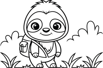Adorable Outline Cartoon Sloth with Backpack Standing Amidst Grass on Transparent