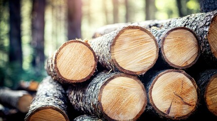 Expansive View of Pine and Spruce Forest with Stacked Log Trunks - Timber Logging Industry Panorama