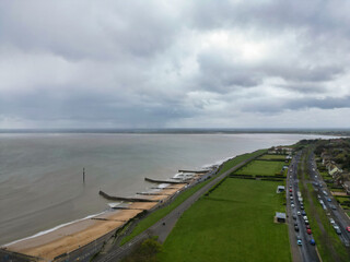 Obraz premium Beautiful British Tourist Attraction of Great Britain at Ramsgate Beach and Ocean City of Kent, England United Kingdom. Drone's Camera Footage Captured on April 21st, 2024
