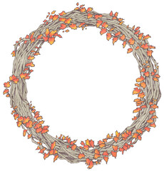 紅葉したツタと枝のリース素材