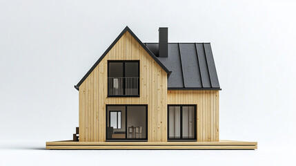 Minimalist wooden house with black roof on white background
