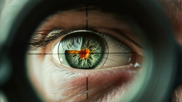 Close-up view of an eye through a scope showcasing sharp focus on an eye and intricate details