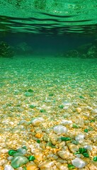 Obraz premium Sunlit pebbles on a seabed, seen from underwater. Crystal clear water reveals a colorful, serene scene.