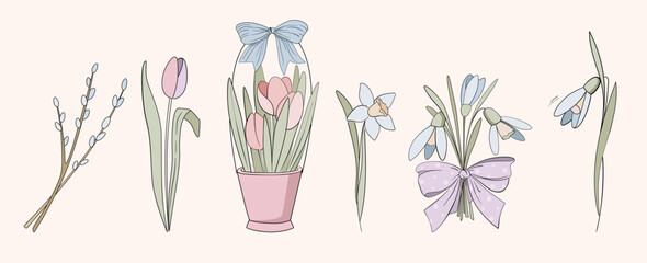 Spring Flower Snowdrops Bouquet Hand Drawn Blossom Pastel Decoration.