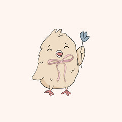 Cute Chicken bird with flower and bow Hand drawn Easter decorative element. Newborn birds nourished by Mother Bird. Colorful eggs illustrations