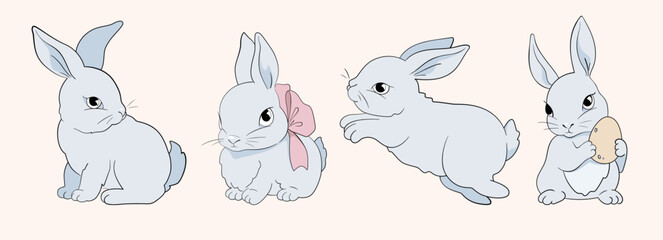 Fototapeta premium Easter bunny. Cute Girlish bunnies for kids standing with placard. Rabbit or hare, spring festive animal with Pink Bow. Hand Drawn holiday decent vector character