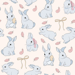 Obraz premium Easter bunny Seamless Pattern. Cute Girlish bunnies for kids standing with placard. Rabbit or hare, spring festive animal with Pink Bow. Hand Drawn holiday decent vector character