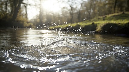 Fototapeta premium Sunlight glistens on water droplets as they splash in a tranquil stream, surrounded by a lush green landscape.