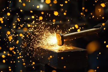 Crafting metal with precision in a blacksmith workshop as sparks illuminate the dark surroundings