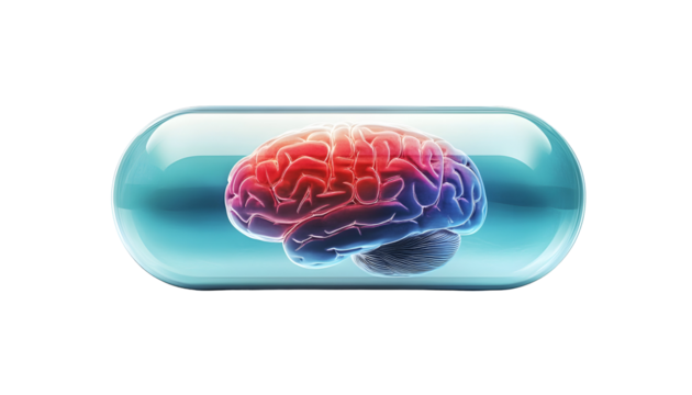 Realistic transparent pill with a futuristic brain inside, , clipping path  -  