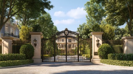 Obraz premium Grand Estate Entrance: Luxurious Mansion with Ornate Gates and Lush Landscaping