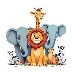 Friendly cartoon safari animals are posing all together in this colorful illustration © frrlbt