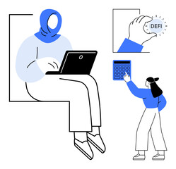 Women engaged in digital finance tasks, one using a laptop and another interacting with a calculator. Hand holding DEFI coin represents blockchain and decentralized economy. Ideal for fintech