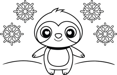 Outline Sloth with Snowflakes and Snow, Black and White Line Art with Transparent Background