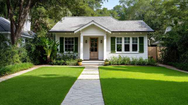 Charming small white house with green shutters lush landscaping and bright green lawn in suburban neighborhood under sunny summer sky