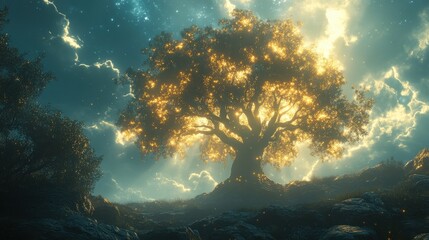 Glowing Tree Under a Starry Sky with Dramatic Light Effects