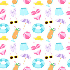 Cute summer seamless pattern with relaxing things, cocktails. Design for print, advertising, background