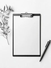Minimalist Black and White Clipboard Mockup with Pen and Leaf
