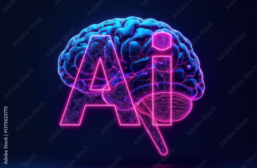 Poster a vivid representation showcases a glowing brain intertwined with neon letters symbolizing artificia