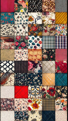 Fototapeta premium Overdecorated floral and plaid patchwork quilt wallpaper featuring diverse vintage fabric textures for phone screens.