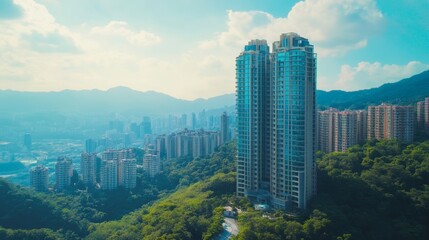Fototapeta premium cinematic photo, 31-story building surrounded by nature, with city, with a sunny day and blue sky, 