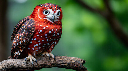 vibrant red owl with striking white dots its feathers perches gracefully branch, surrounded by lush greenery. Its captivating gaze and colorful plumage evoke sense of wonder and beauty nature