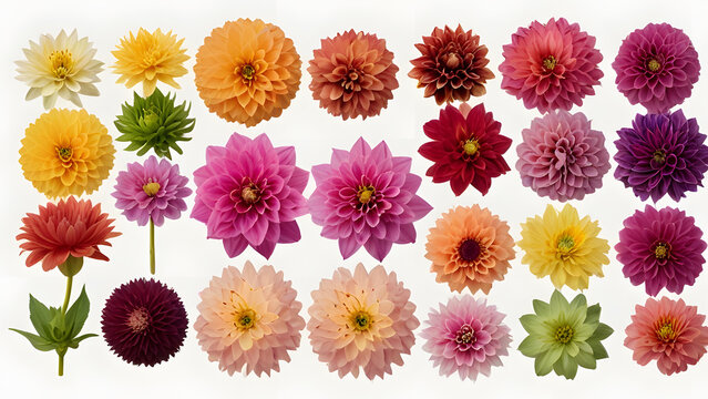 Set of flowers A collection of real colourful dwarf dahlia flower heads isolated against a transparent background for design elements.