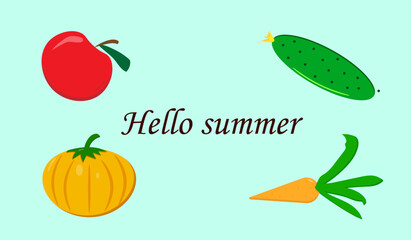 Hello summer vegetables are all around on a light blue background,