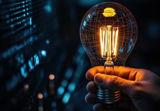 A person is holding a light bulb with a glowing orange tip