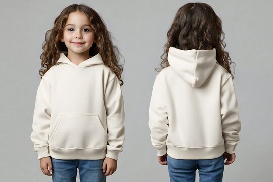 A young girl wears a plain beige hoodie, front and back, for a hoodie design mock up