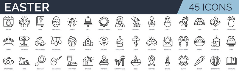 Set of 45 outline icons related to easter. Linear icon collection. Editable stroke. Vector illustration