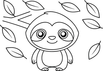 Outlined Cartoon Sloth with Leaves and Branch on Transparent Background
