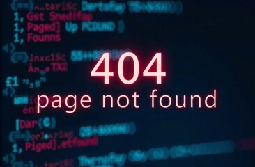 An error message reading 404 page not found appears on a computer screen surrounded by lines of code. It signifies a broken link during online navigation in a digital workspace.