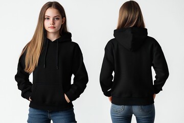 A young girl wears a plain black hoodie, front and back, for a hoodie design mock up