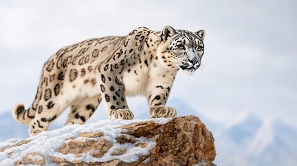 Fototapeta premium Majestic Snow Leopard Walking on Rocky Snowy Terrain in Winter