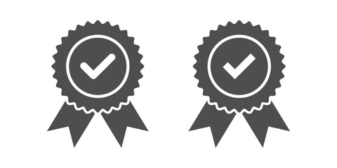 Quality certification icon. Approved badge, verified product ribbon, quality control stamp, authentication mark.