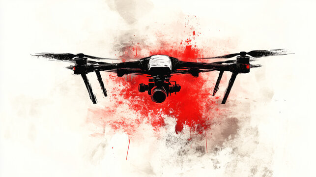 Ilustraci&oacute;n art&iacute;stica de dron sobre fondo de salpicaduras rojas y negras