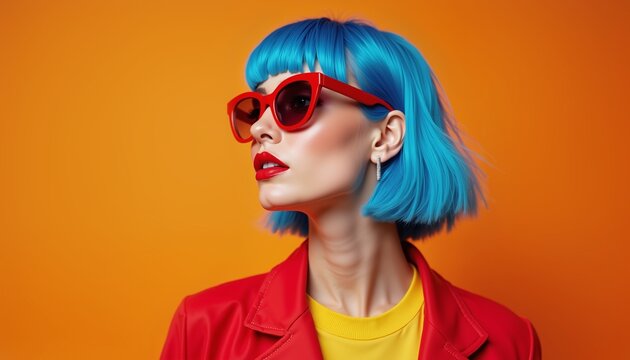 Stylish geek girl with blue hair in vibrant fashion on orange backdrop, modern magazine use