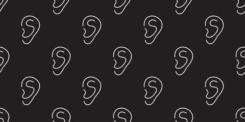 Abstract design featuring repetitive ear illustrations in a monochrome pattern on black background