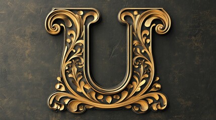 Ornate Gold Letter U on Dark Background