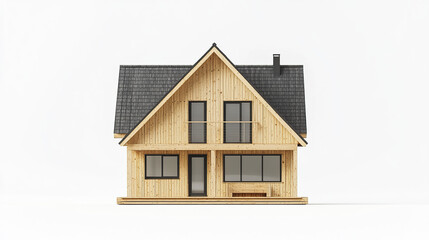 Minimalist wooden house with dark roof on white background