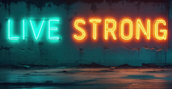 Naklejki Massive bold live strong neon in teal and orange glowing over gritty wall with flickering details and high contrast reflections