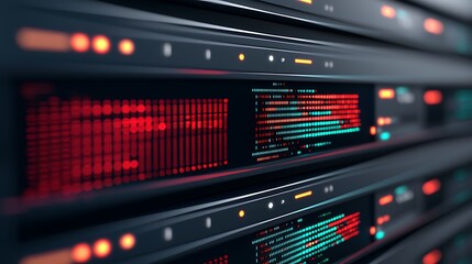 A close-up view of data servers displaying vibrant red and green lights, indicating processing activity and connectivity in a digital environment.