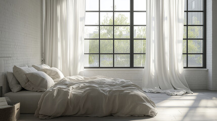 Fototapeta premium Minimalist loft bedroom with floor to ceiling windows and soft natural light