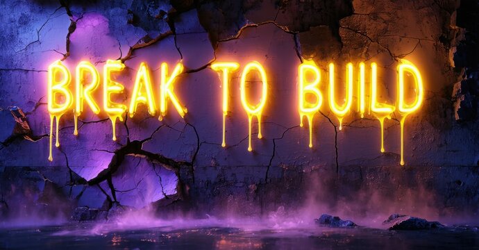 Naklejki Neon phrase break to build in yellow and violet tones thick glowing letters mounted above cracked wall with dripping mist and glow