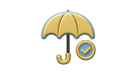Isolated Golden Umbrella with Checkmark Symbol for Protection
