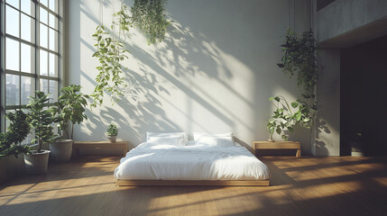 Modern loft bedroom with skylights and soft morning sun