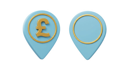 Isolated Blue Map Pin Pointers with Golden Pound Sign and Empty Space
